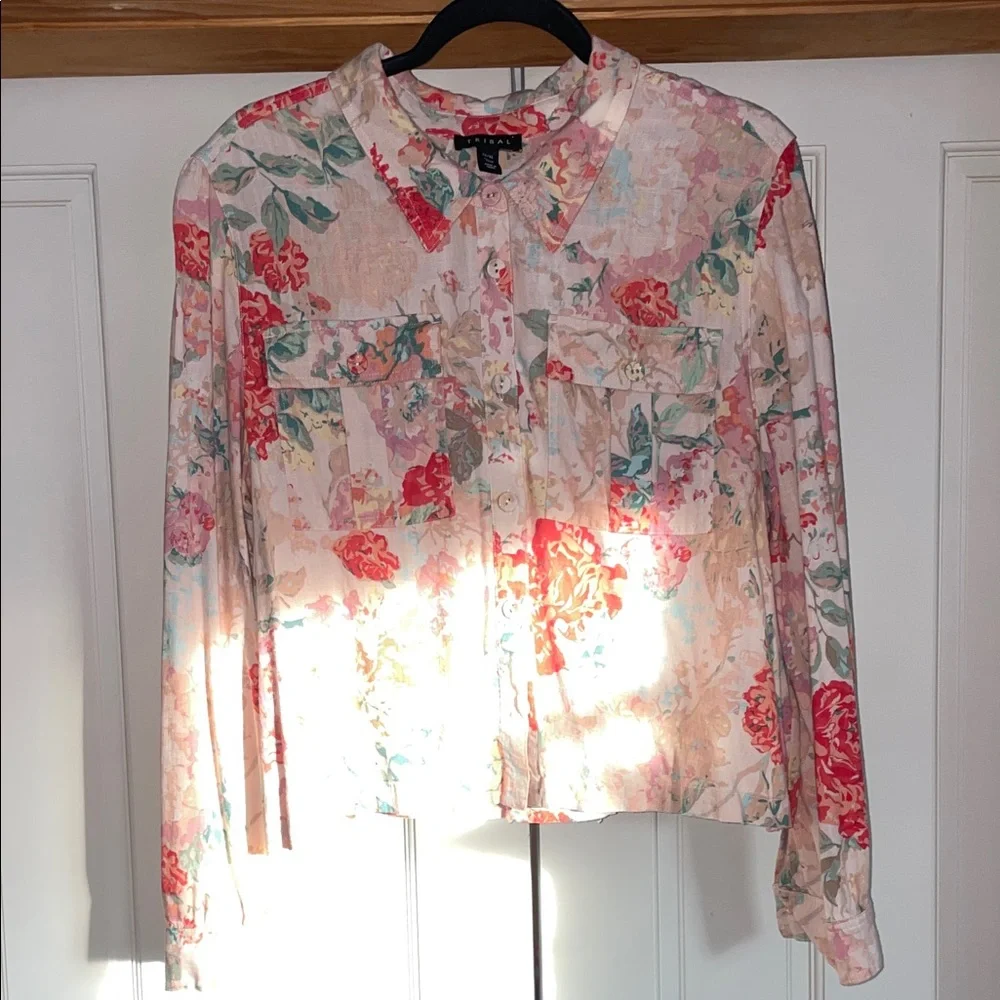Tribal Linen Multicolor Floral Button-Down Shacket Jacket. Size TG/XL - Picture 1 of 6
